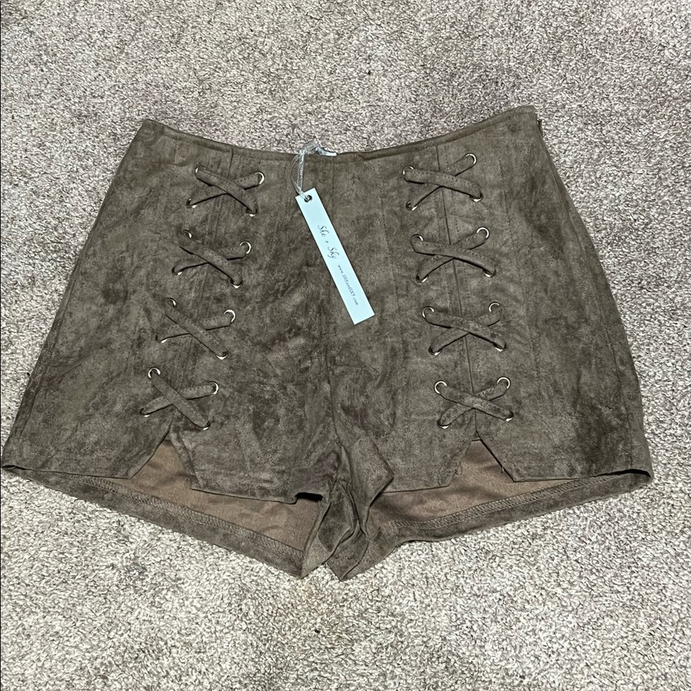 She + Sky suede laced shorts